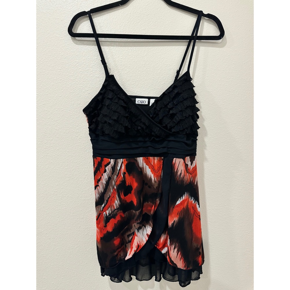 Y2K Cato Women Red Black Abstract Ikat Ruffle Camisole Top Size Large L